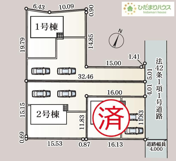 【区画図】 | 結城市結城第46　新築戸建　2号棟 | ご家族でお車に乗る方に！駐車場2台分あります！
（2号棟）