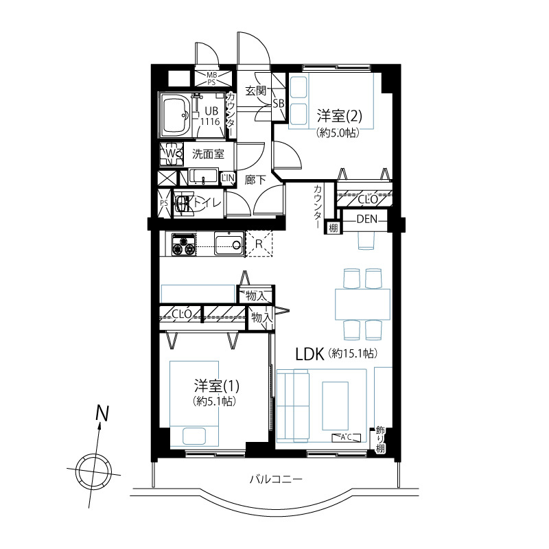大森ハイツの間取り|大森ハイツ：全居室収納・窓が付いた２ＬＤＫ家具・エアコン付きリノベーション物件は住設備も充実！