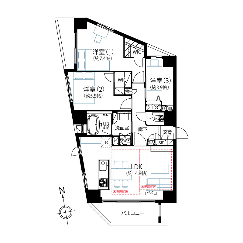ザ・パームス東中野Ⅱの間取り|ザ・パームス東中野Ⅱ：全居室収納・窓が付いた３ＬＤＫ家具・エアコン付きリノベーション物件は住設備も充実！