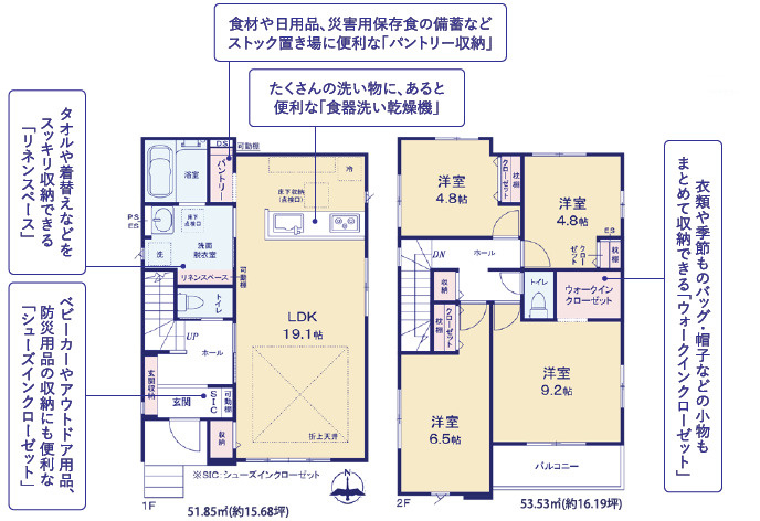 つくばみらい市陽光台2期　新築戸建の間取り|19.1帖のLDKが見渡しやすく安心♪お子様を見守りながら家事もはかどります！