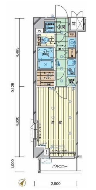 ルーブル下丸子参番館の間取り|南向きバルコニー南西角部屋の1K洋室8帖ウォークインクローゼット付バストイレ別独立洗面台