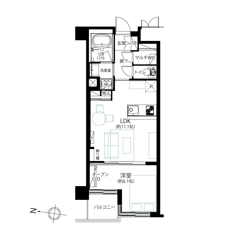 メゾン文京関口Ⅱの間取り|メゾン文京関口Ⅱ：バス・トイレ別１ＬＤＫ家具・エアコン付きリノベーション物件は全居室６．１帖以上の暮らしやすいお部屋です！