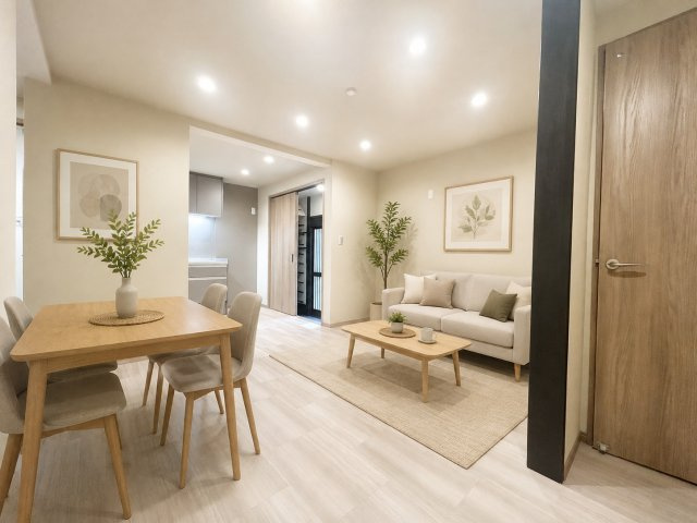 品川区旗の台5丁目　中古戸建の居間・リビング|のびやかに広がるリビングは、一年を通して爽やかな光と風に癒される家族のなごみ空間。（家具は全てCGです）

現地ご見学希望・資料請求などお気軽にお問い合わせ下さい！
03-5990-5201
