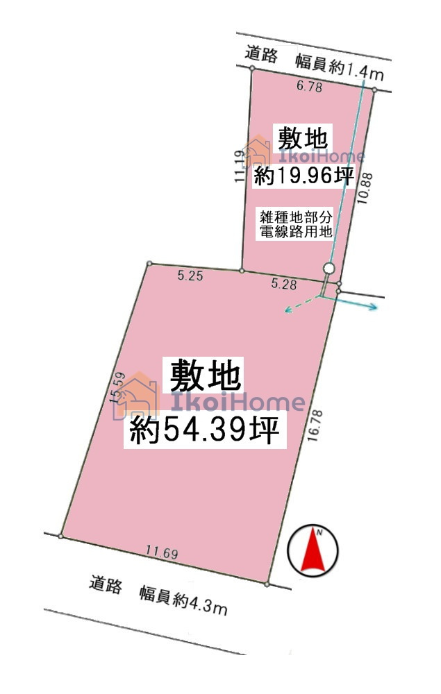 明石市朝霧南町３丁目　土地の土地図|●年中無休：当日予約可●敷地約54.39坪に雑種地部分が約19.96坪ございます！