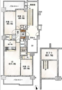 3LDK+2面バルコニーの日当たり良好なお部屋です