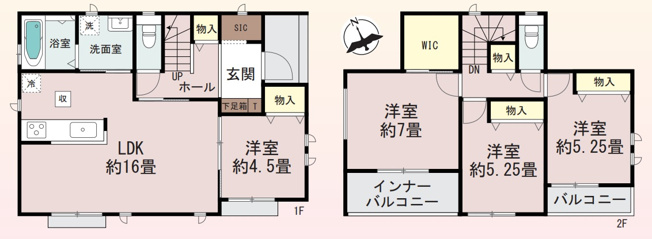 【間取り】 | 高崎市小八木町　築住宅 | LDK約16畳と1階洋室に加え、2階にはWICや各居室の物入など豊富な収納を完備。シューズインクローゼットやバルコニーを備えた快適な4LDKです。