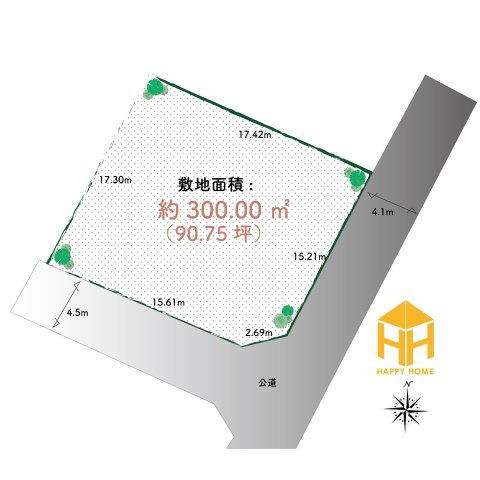 西宮市岡田山建築条件無し売土地の土地図|約300㎡（約90.75坪）のゆとりある敷地×道路に面した開放感のある区画です。
分筆相談可能！ご希望の敷地面積・プランについてご相談ください。
