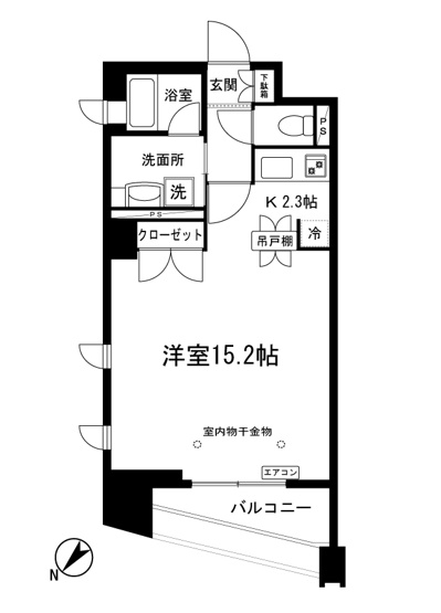 【間取り】 | マ・シェリ | キッチン2.3帖・洋室15.2帖の1Kタイプ！ちょっと広めのお部屋をお探しの単身者さんにピッタリ☆2人入居OKなのでカップルさんにもオススメ♪角部屋・最上階・二面採光のお部屋です！