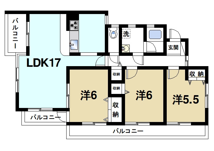 富雄サンパレスⅠ号館の間取り|リビング広めの3LDKです