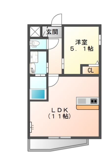 ヴェルデみなみの間取り|カウンターキッチンの1LDK