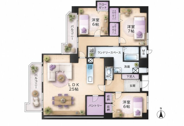 【間取り】 | リヴィエール戸畑☆仲介手数料無料☆ | ※本図に表示されている家具・家電・照明・インテリア・観葉植物等は、AIによる配置イメージです。実際には設置されておらず、売買対象にも含まれません。図面と現況が相違する場合は、現況を優先いたします。