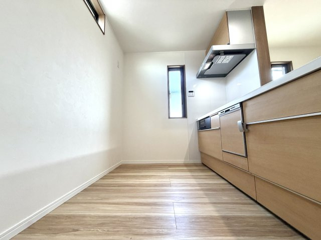 越谷市平方L１号棟　新築戸建のキッチン|背面にゆとりがあり家電も置きやすいキッチンスペース。ゴミ箱や買い置きの保管にも困らない広さです。