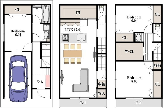 【間取り】 | 【弊社売主物件】河北中町リノベ戸建 | ～3つのこだわりポイント～
1. キッチンに隣接したパントリースペース♪
2. ウォークインクローゼット付きの豊富な収納スペース。
3. 各居室6帖以上確保。ゆとりある空間に。