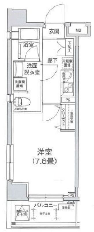 アイルカナーレ多摩川　の間取り|南向きバルコニー南西角部屋1K洋室7.6帖バストイレ別独立洗面台
