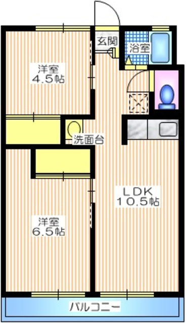 シティハイム　ササヤマＣの間取り|南面２室　日当り良好の２ＬＤＫ