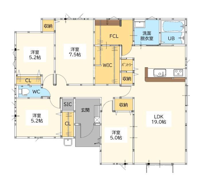 神埼市神埼町本堀4期の間取り|人気の平屋住宅　1階の5.0帖の洋室は客間やワークスペースのとして活用可能。パントリーやWICなど豊富な収納を備え、家事動線にも配慮。家族みんなが快適に暮らせる4LDKです。
