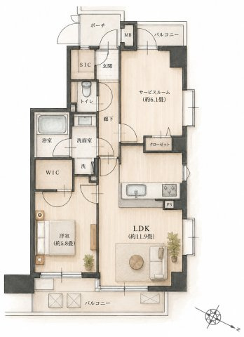 クリオ大通り公園参番館の間取り|1SLDK、価格4490万円、専有面積55.18m2、バルコニー面積8.59m2  【LDK　11.9帖】 【洋室  5.8帖】【サービスルーム　6.1帖】