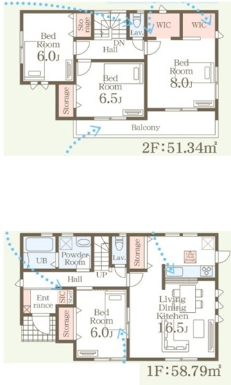 【間取り】 | 高崎市中豊岡町　新築住宅 | LDK16.5畳や1階 Bed Roomに加え、2階には2つのWICや複数のStorageを完備。SICや床下収納、バルコニーなど充実した収納と設備が魅力の4LDKです。