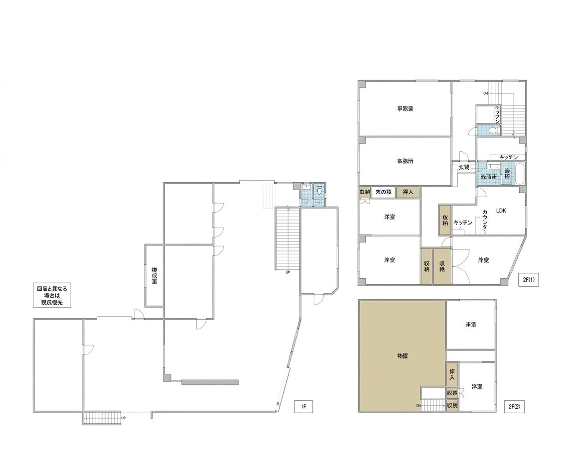 東茨城郡大洗町磯浜町　工場・倉庫＋事務所＋居住スペース！用途多彩な大型事業用物件の間取り