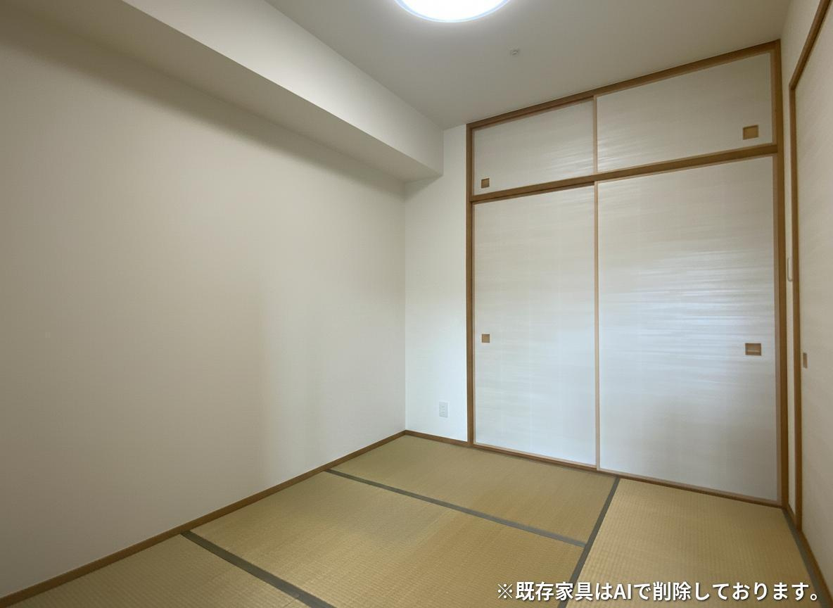 アルファステイツ城乾南新在家の和室|和室ならではの温かな和の空間で寛ぎの時間を過ごせます。襖を開ければリビングと一体に広い空間として利用できます！※既存家具はAIで削除しております。