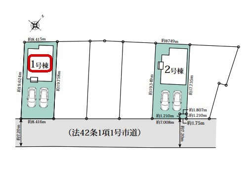 所沢市下富・全2棟　新築一戸建　1号棟　～LDK16帖～の区画図|【全2棟・1号棟】カースペース並列2台・整形地・土地面積165.47平米（約50.05坪）
