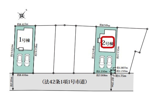所沢市下富・全2棟　新築一戸建　2号棟　～LDK16帖～の区画図|【全2棟・2号棟】カースペース並列2台・整形地・土地面積165.38平米（約50.02坪）