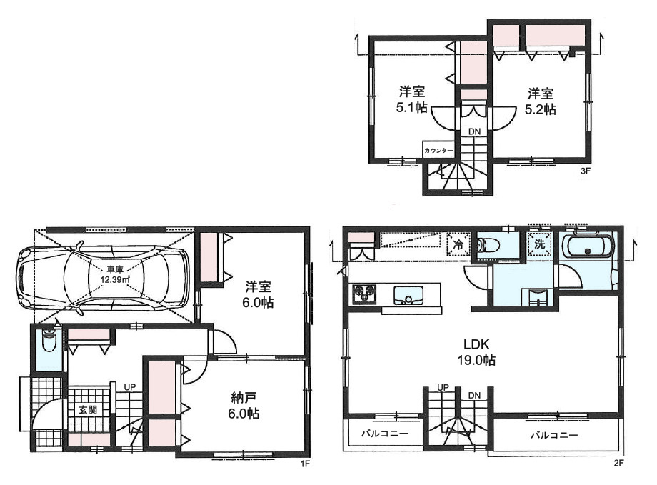 板橋区中台3丁目　建築条件なし×整形地　限定1区画の参考プラン|3LDK+S+パントリー+ビルトイン車庫　敷地面積 68.88ｍ2　建物面積 97.97ｍ2(車庫部分12.39ｍ2含む)　建物価格 2,200万円