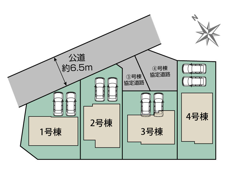 【同施工物件ご案内可能】日進市藤塚3丁目　全4棟の区画図|全体区画数｜全4棟
◆駐車並列2台可能！(但し、車種による)
◎まずは、お気軽にお問い合わせください。現地を案内しながら周辺環境も見て頂けます。　　　　　　　　　　　　　　　　　　　　　　　　　　　　