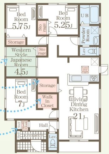 【間取り】 | 渋川市金井　平屋　新築住宅 | 21畳の広々としたLDKと全居室収納に加え、ウォークインクローゼットを備えた収納力たっぷりな4LDKです。