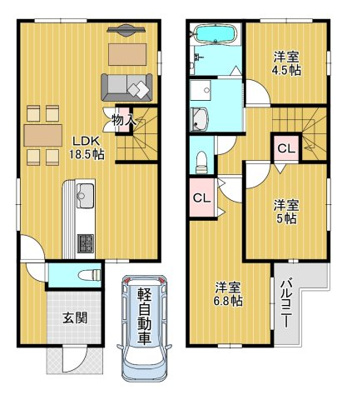 【土地図＋建物プラン例】 | 中三国ヶ丘町２丁　売土地 | 【建物参考プラン図】フリープランですので、お好きに間取り変更できますよ！