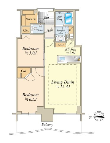EAST棟11階、西向きにつき、眺望・陽当たり良好です。
デッドスペースの少ないバランスの取れた2LDKファミリータイプ。