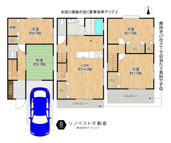 東大阪市中新開1丁目の間取り|水回り設備が集結しているため家事導線が良いです◎
子育て世代のファミリーにおすすめ♪