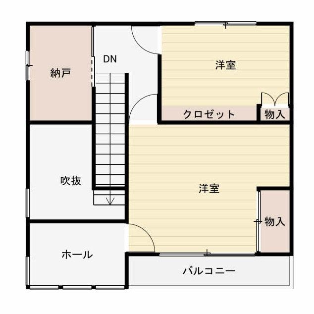 網走市駒場南３丁目　売家の間取り|2F平面図です。9帖と5帖の洋室です。納戸と吹き抜けホールが有ります。