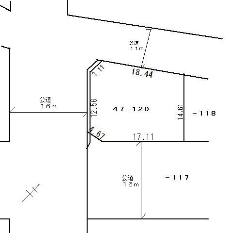 網走市駒場南３丁目　売家の区画図|南公道幅員16ｍに17.1ｍ接しています。西公道幅員16ｍに12.5ｍ接しています。北公道幅員11ｍに18.4ｍ接しています。330.95㎡100坪有ります。