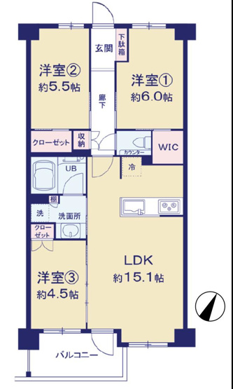 【間取り】 | アーリアレジデンス南町田 | 3LDKは、リビングダイニングキッチンと3つの居室がある間取り。ファミリー層に非常に人気の高い間取りで、広々としたリビングで家族団らんを楽しみ、個室でプライベートな時間も確保できるのが大きな魅力です。