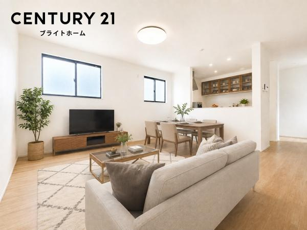 横浜市南区睦町２丁目の新築一戸建の居間・リビング|自慢したくなるリビング！
形も良く家具の配置にも困りません。
※家具等はCGでの参考レイアウトです。
