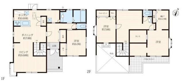 【間取り】 | つくば市千現　中古戸建 | 約24帖のゆとりあるLDK（リビング・ダイニング・キッチン）は、家族が集まる心地よい空間。2階には大きな吹き抜けがあり、家全体に開放感と明るさをもたらします♪