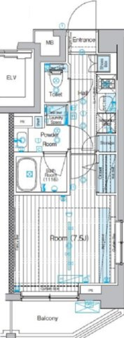ブライズ多摩川の間取り|北向きバルコニー北西角部屋の1K洋室7.5帖バストイレ別独立洗面台