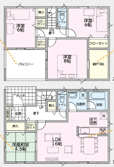 【間取り】 | 前橋市堀之下町　新築住宅 | 8畳の洋室に備えた3畳の納戸や各所の豊富な収納が魅力。16畳のLDKと4.5畳の洋風和室が隣接し、ゆったりとくつろげる空間を実現しました。