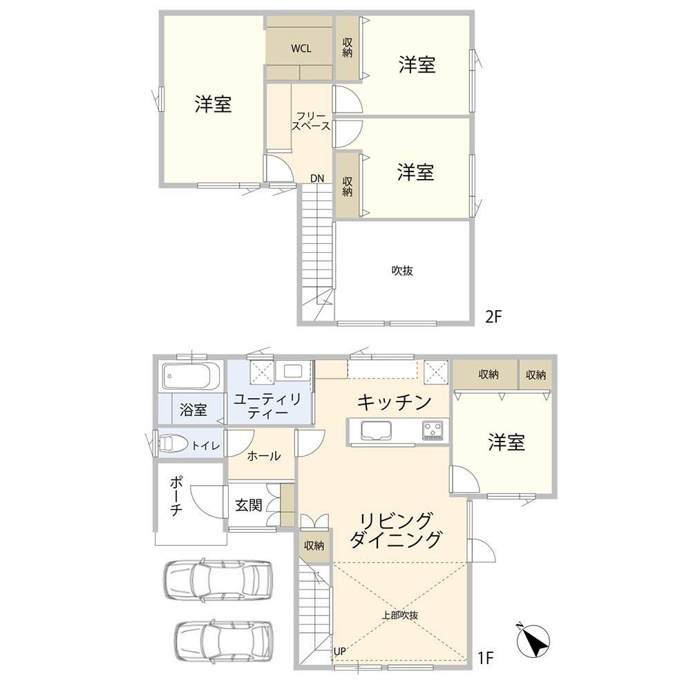 山の手1条12丁目　一戸建ての間取り|【1F】ゆとりの19帖LDK+4.5帖洋室【２F】5.5帖洋室×2、7.5帖洋室