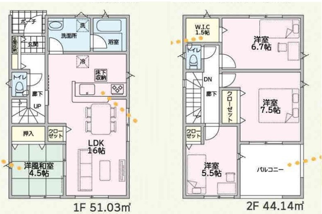 【間取り】 | 前橋市大利根町　新築住宅 | 6.7帖の洋室に備えた1.5帖のW.I.Cや各所収納に加え、16帖のLDKと4.5帖の洋風和室が開放的な空間を演出します。