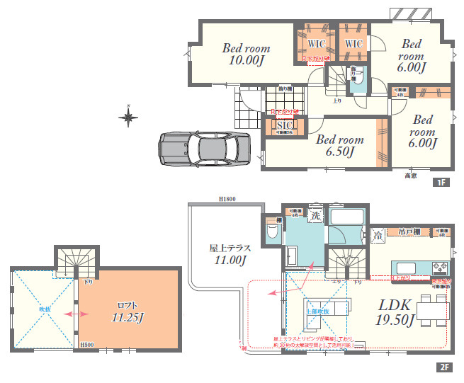 練馬区南大泉2丁目　耐震×大型ロフト　省エネ住宅　全7棟の間取り|4号棟　4LDK+ロフト+WIC+屋上テラス　土地面積100.04m2　建物面積102.05m2