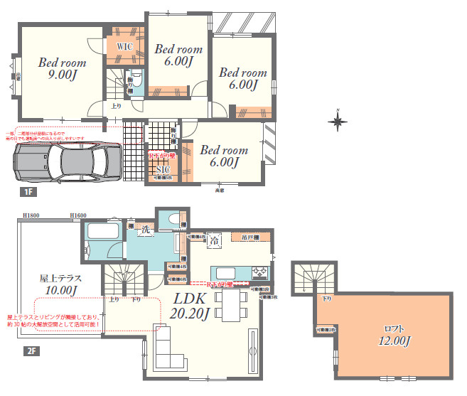練馬区南大泉2丁目　耐震×大型ロフト　省エネ住宅　全7棟の間取り|6号棟　4LDK+ロフト+WIC+屋上テラス　土地面積100.04m2　建物面積101.44m2