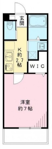 ハレルアナの間取り|西向きバルコニーの1K洋室7帖ウォークインクローゼット付バストイレ別独立洗面台！