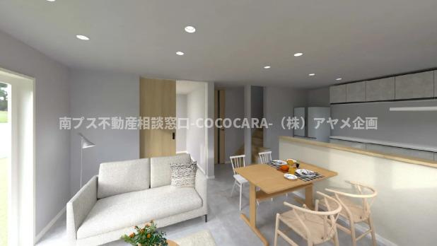 新築戸建　寺部　B10号棟　4LDKの居間・リビング|LDKに隣接した4.5帖の和室は、お子様の遊び場やお昼寝スペースに最適。キッチンから見守れる安心設計に加え、リビング階段を採用し、自然と家族のコミュニケーションが生まれる間取りです。