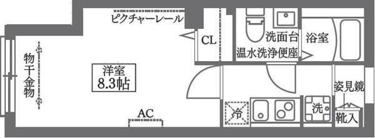 COCOCUBE大森本町の間取り|洋室8.3帖の1Kバストイレ別独立洗面台！