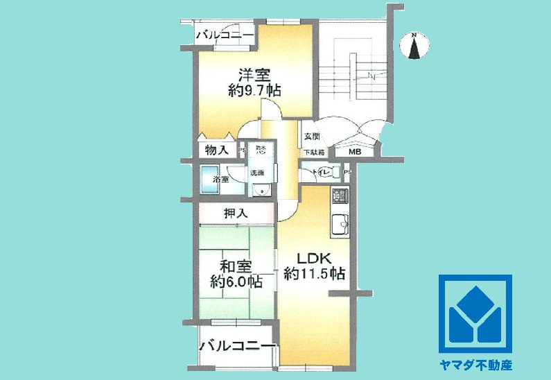 ルネ尼崎の間取り|2LDK、専有面積62.63平米、バルコニー面積7.08平米、5階建て3階部分。2026年3月リフォーム済の大変綺麗なお部屋で、即ご入居いただけます。