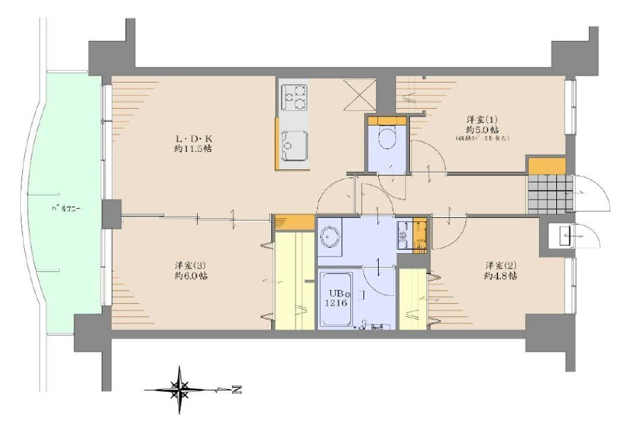 ライオンズマンション大宮日進町の間取り|【3LDK：60.00㎡】対面式キッチンでリビングとコミュニケーションも広がりますね。南向きなので洗濯物もよく乾きます。6帖のお部屋はバルコニーに面しているので、朝日で起きられる主寝室におすすめです