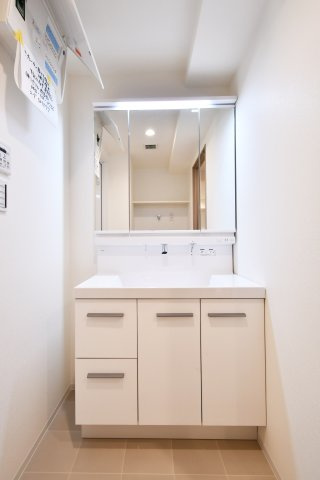 ライオンズマンション大宮日進町の独立洗面台|身支度がはかどる洗面所、朝の渋滞を軽減する写真。シャワー付洗面化粧台で身支度も掃除もラクに、洗濯パン交換済(2026年10月)も安心材料。内覧で収納・採光・動線を確認ください。
