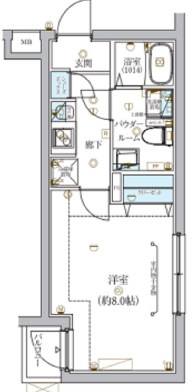 ECREDE蒲田(エクレーデ蒲田)の間取り|西向きバルコニー東西2面採光の洋室8帖バストイレ別独立洗面台！
